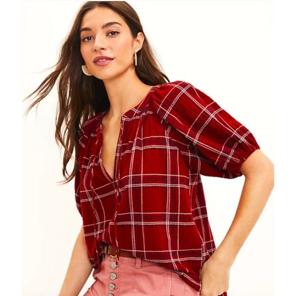 NWT LOFT Tie Neck Puff Sleeve Red Plaid Blouse Sz S Peasant Casual Comfort - Picture 2 of 11